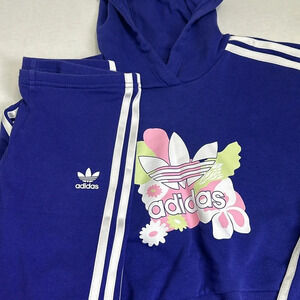 Adidas Purple Floral Cropped Hoodie Pants Youth Girls Size Medium 11/12 Years